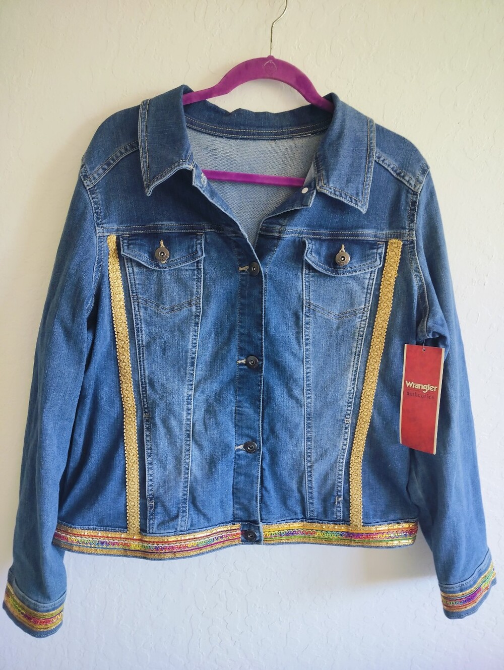Custom Upcycled Embellished Wrangler Authentics Denim Jacket XL Boho Western